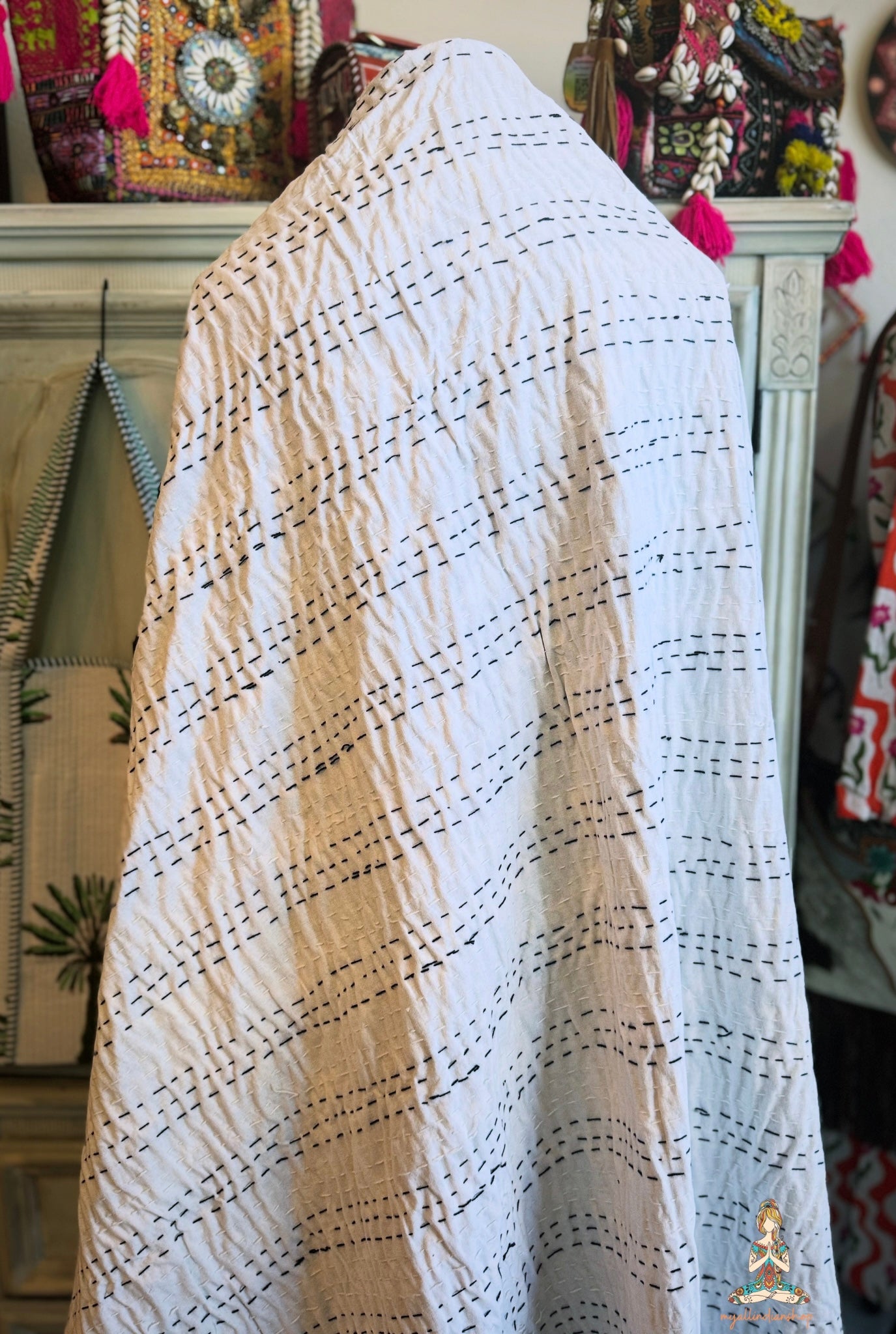 Indigo Shark Print Kantha Quilt | Cotton Lightweight Blanket | Throw/Twin Size