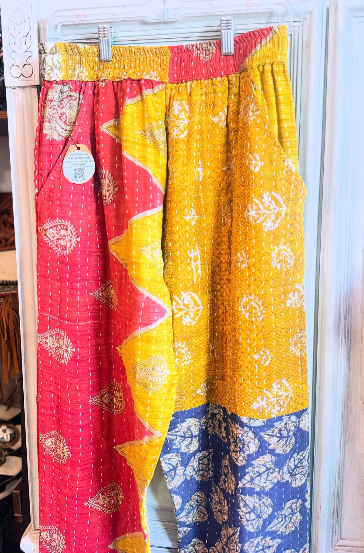 Marigold Sunburst – Handmade Kantha Cotton Pants | Paisley Patchwork Boho Pants | Pockets
