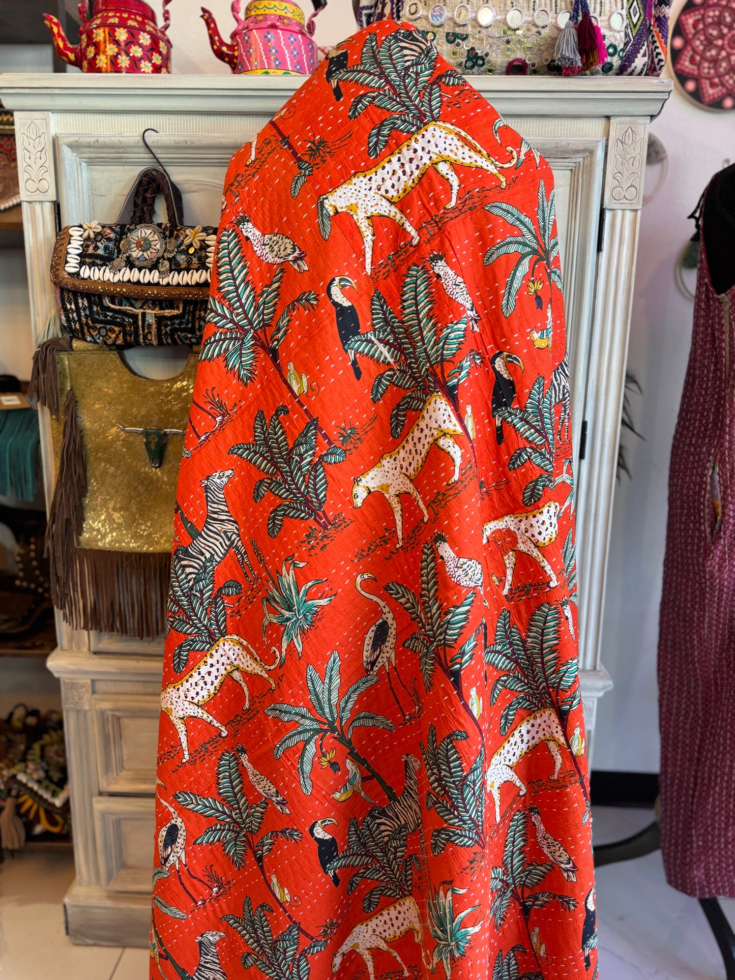 Jungle Print- Orange- Handblock Printed Kantha Quilt | Cotton | Handmade