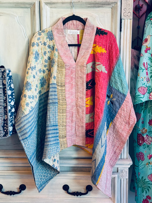 Handmade Kantha Poncho – Blossom Skies | Unisex | 100% Cotton Boho Top