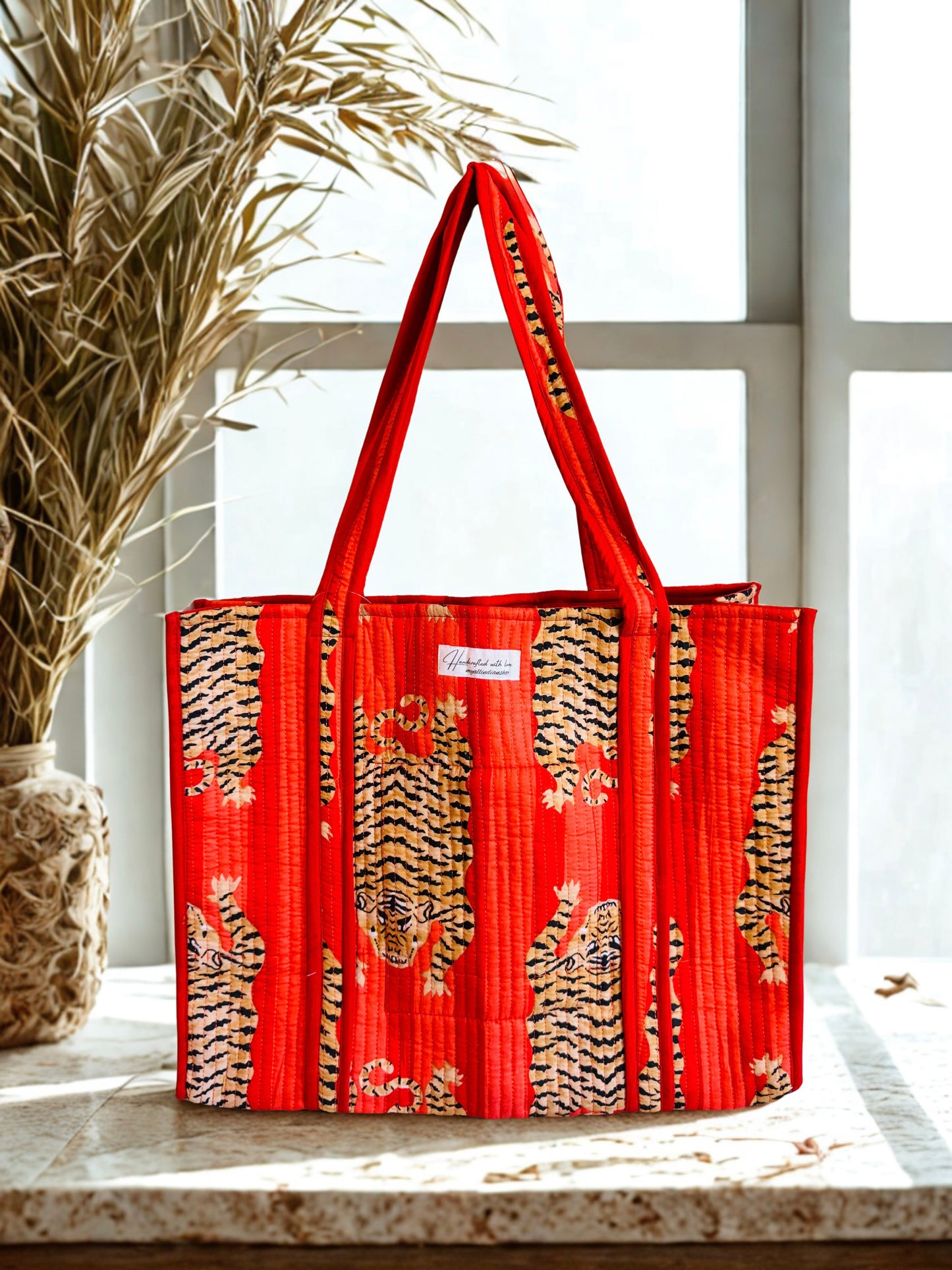 Scarlet Safari Tote – Handmade Quilted Cotton Bag | Orange Tiger Print Carryall