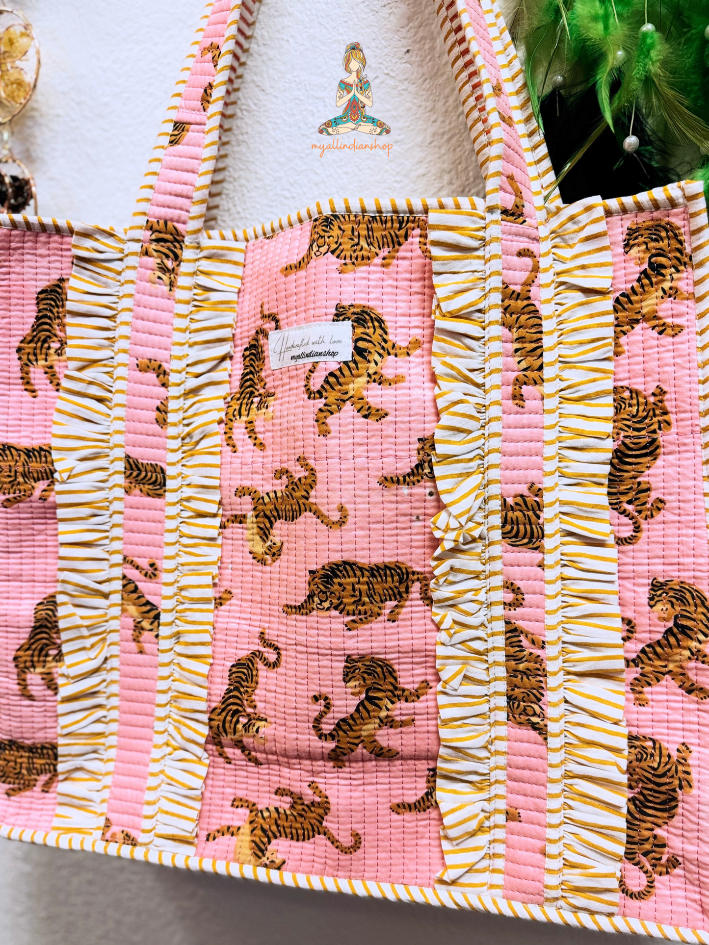 Baby Pink Tiger Print Reversible Quilted Tote Bag | Bengal Blush Hand Block Print Ruffle Tote