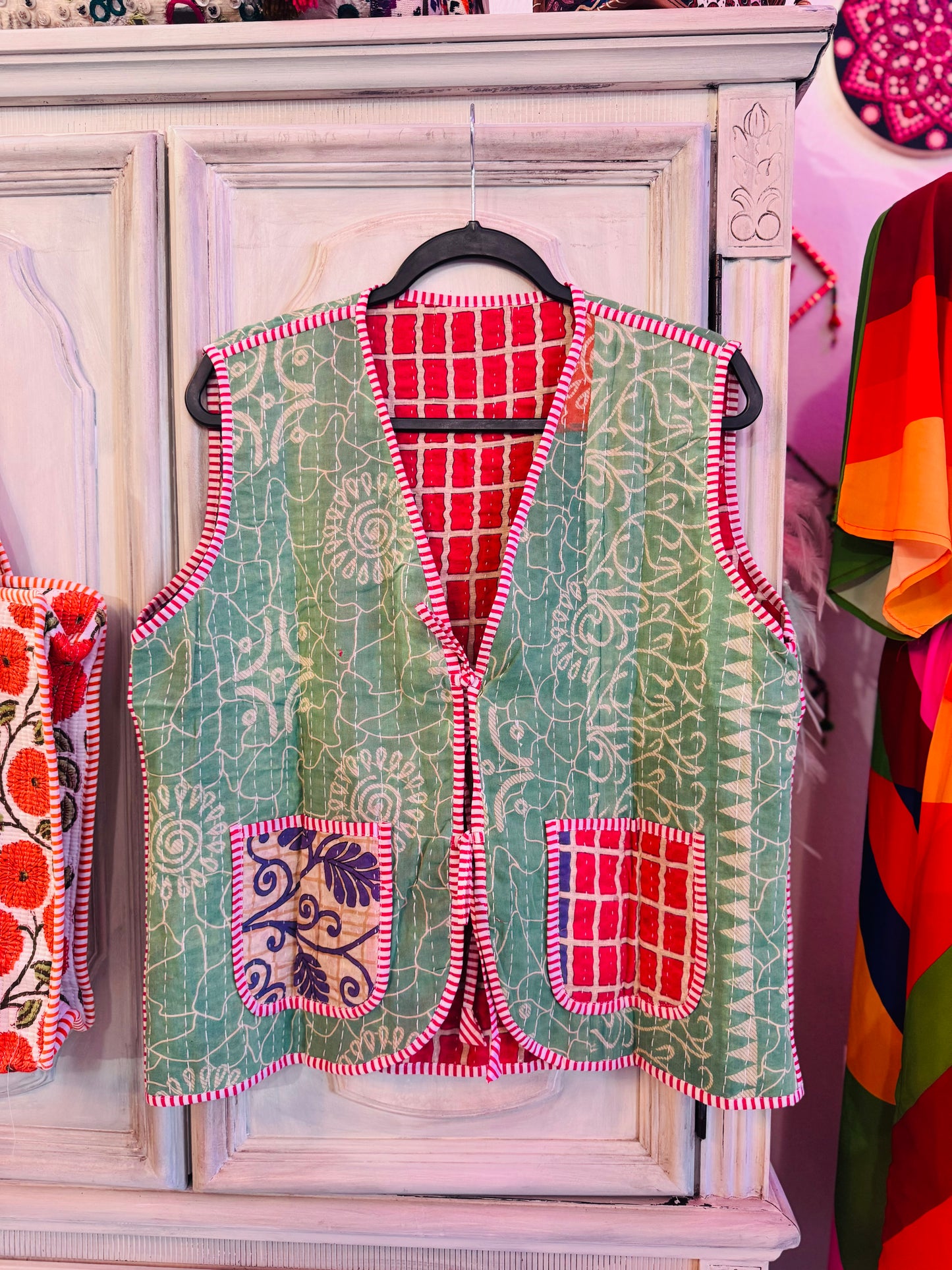 Handmade Reversible Kantha Vest – Berry | 100% Cotton Jacket