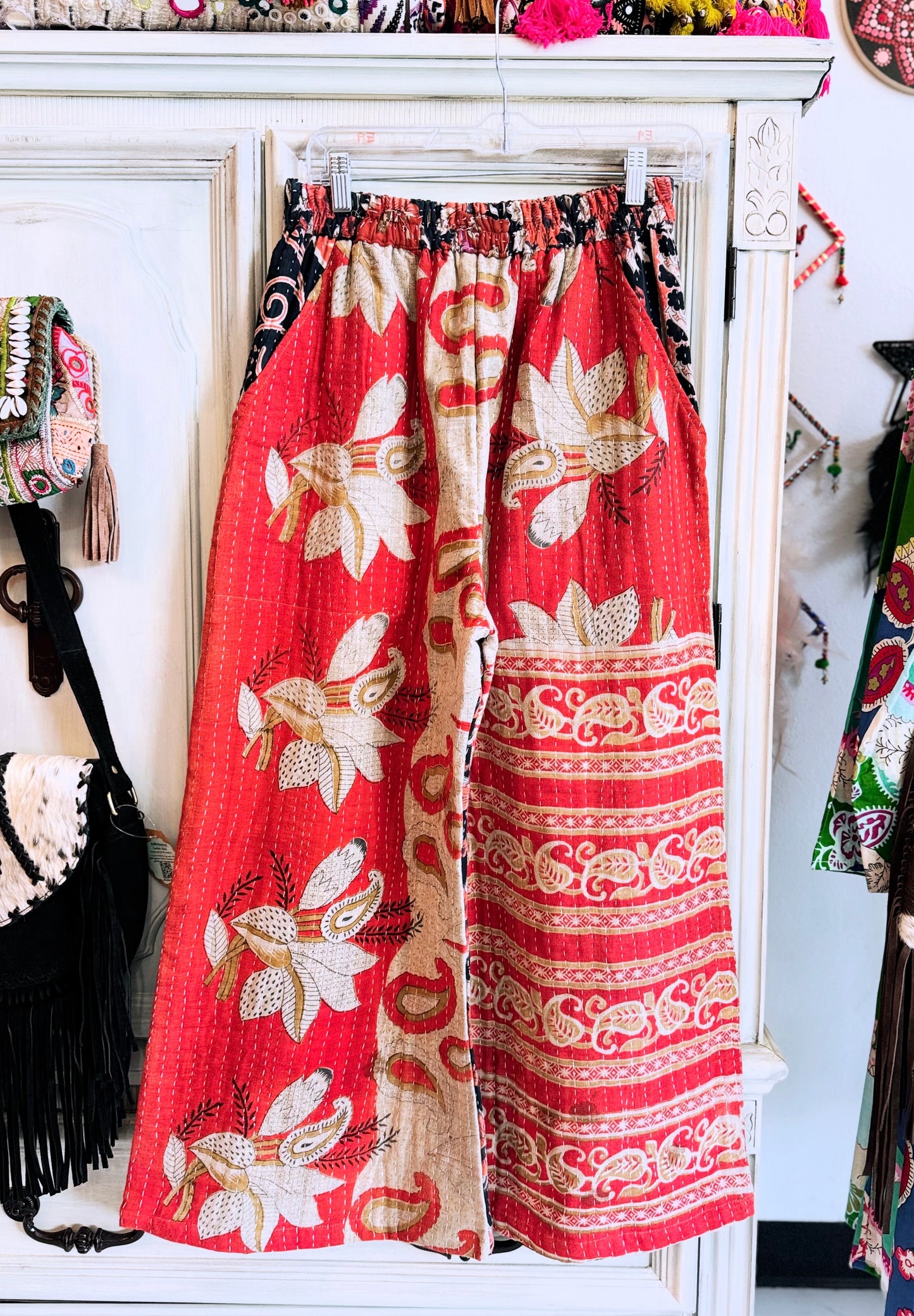 Paisley Rhythm – Handmade Kantha Cotton Pants | Wide Leg Boho Trousers | Pockets