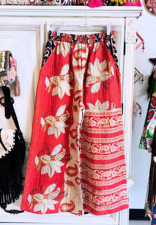 Paisley Rhythm – Handmade Kantha Cotton Pants | Wide Leg Boho Trousers | Pockets