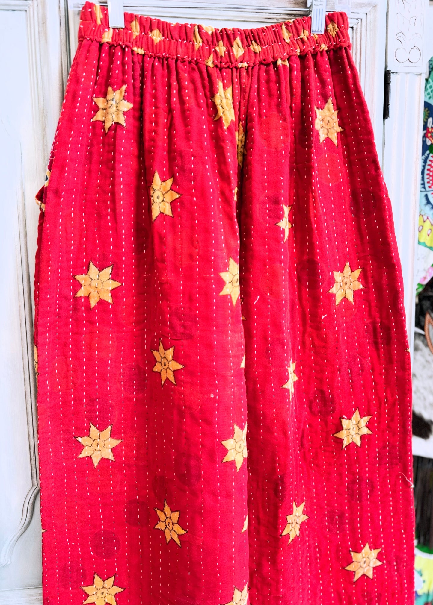 Sunrise Bloom – Handmade Kantha Cotton Pants | Wide Leg Boho Trousers | Pockets