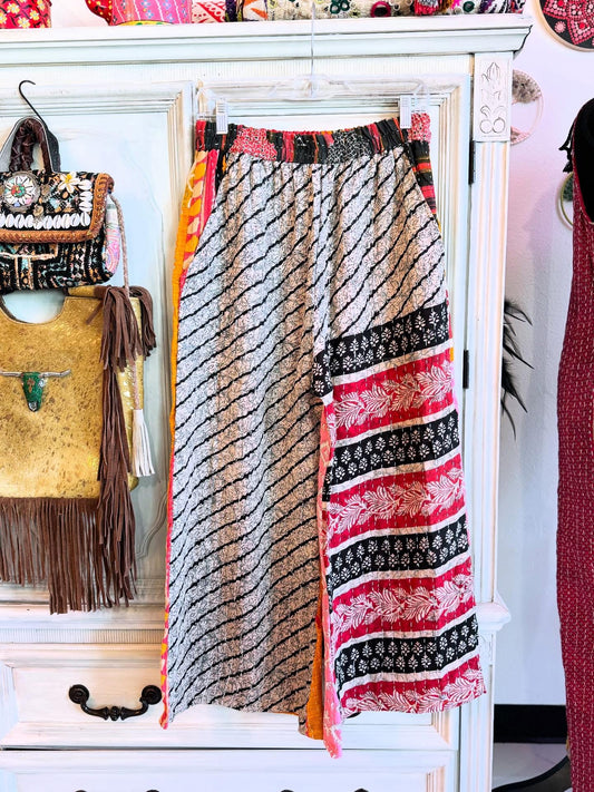 Monochrome Mix – Handmade Kantha Cotton Pants | Wide Leg Boho Trousers