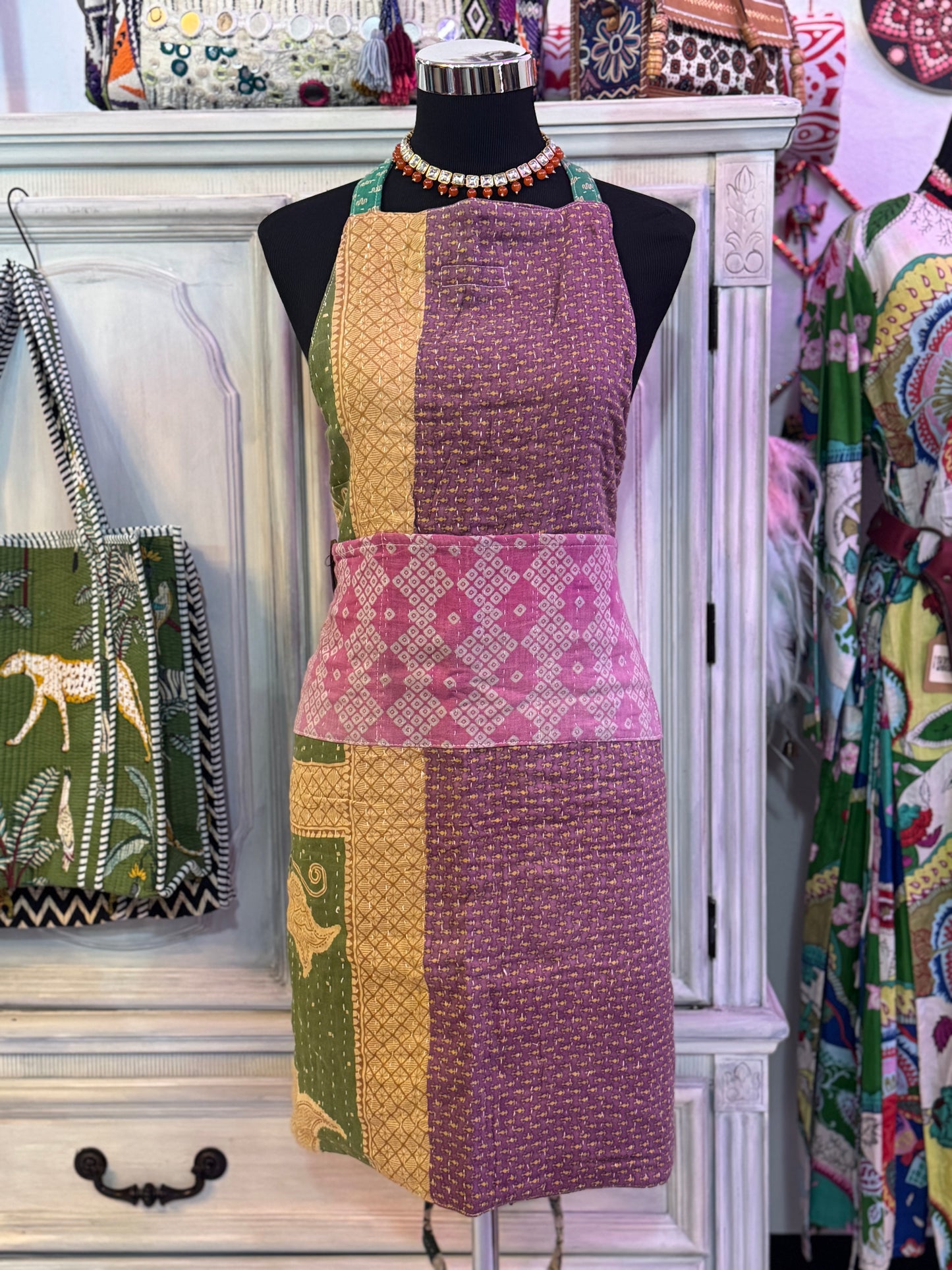 Spring Meadow Cotton Kantha Apron | Handmade | Reversible | 6 Pockets