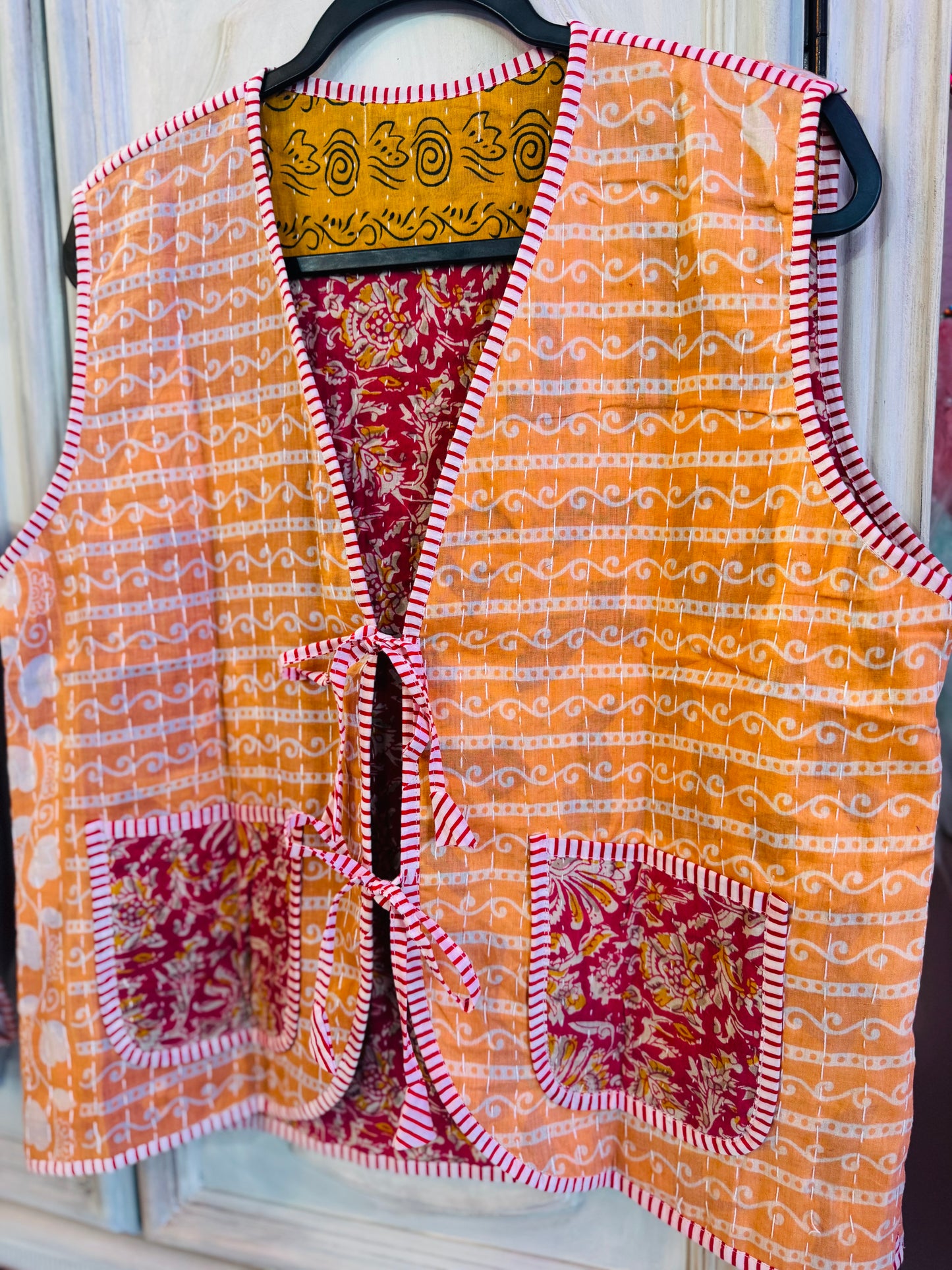 Handmade Reversible Kantha Vest – Amber | 100% Cotton Jacket