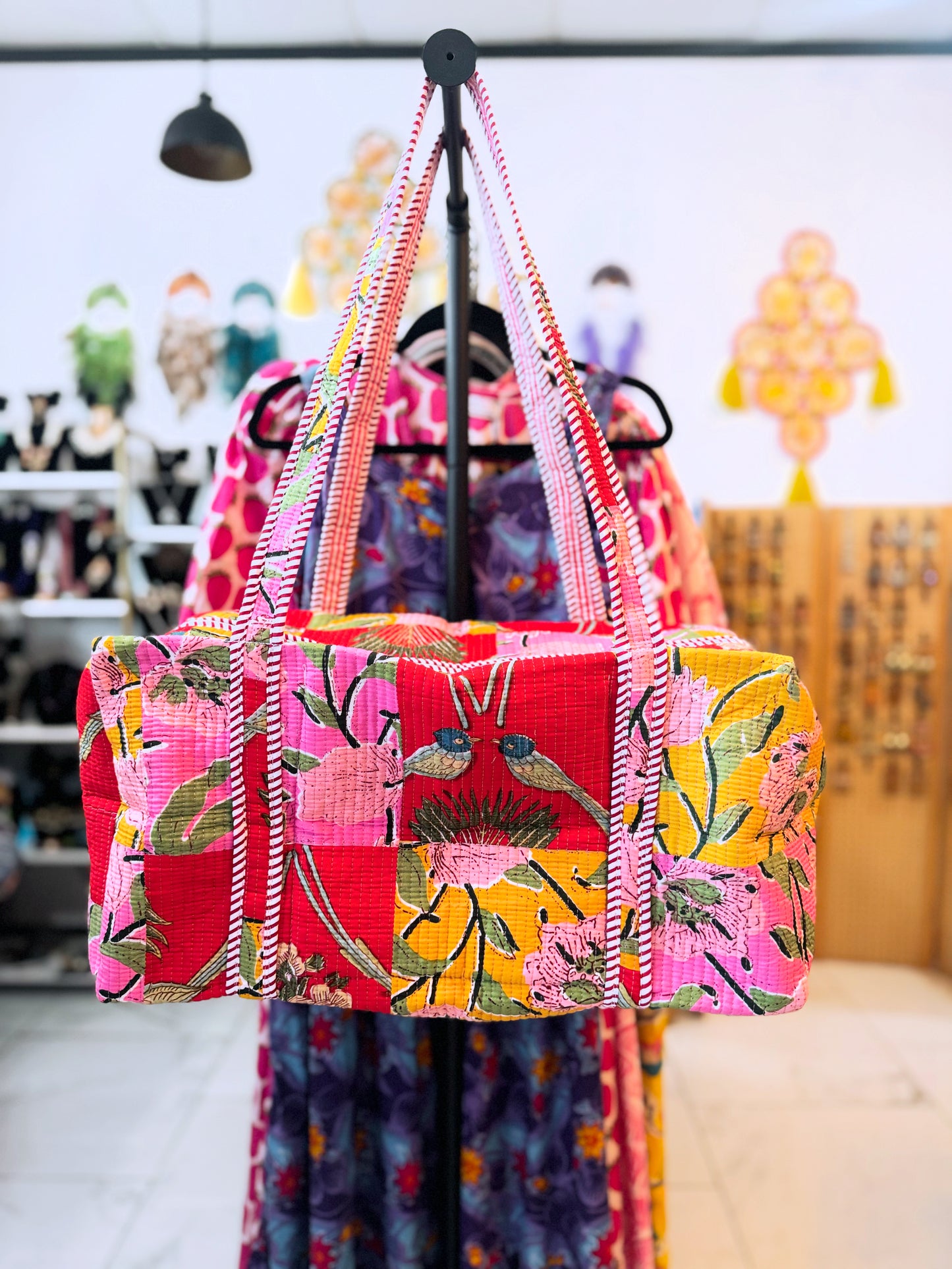 Red & Pink Patchwork Quilted Duffel Bag – Handmade Floral Bird Print Weekender Bag