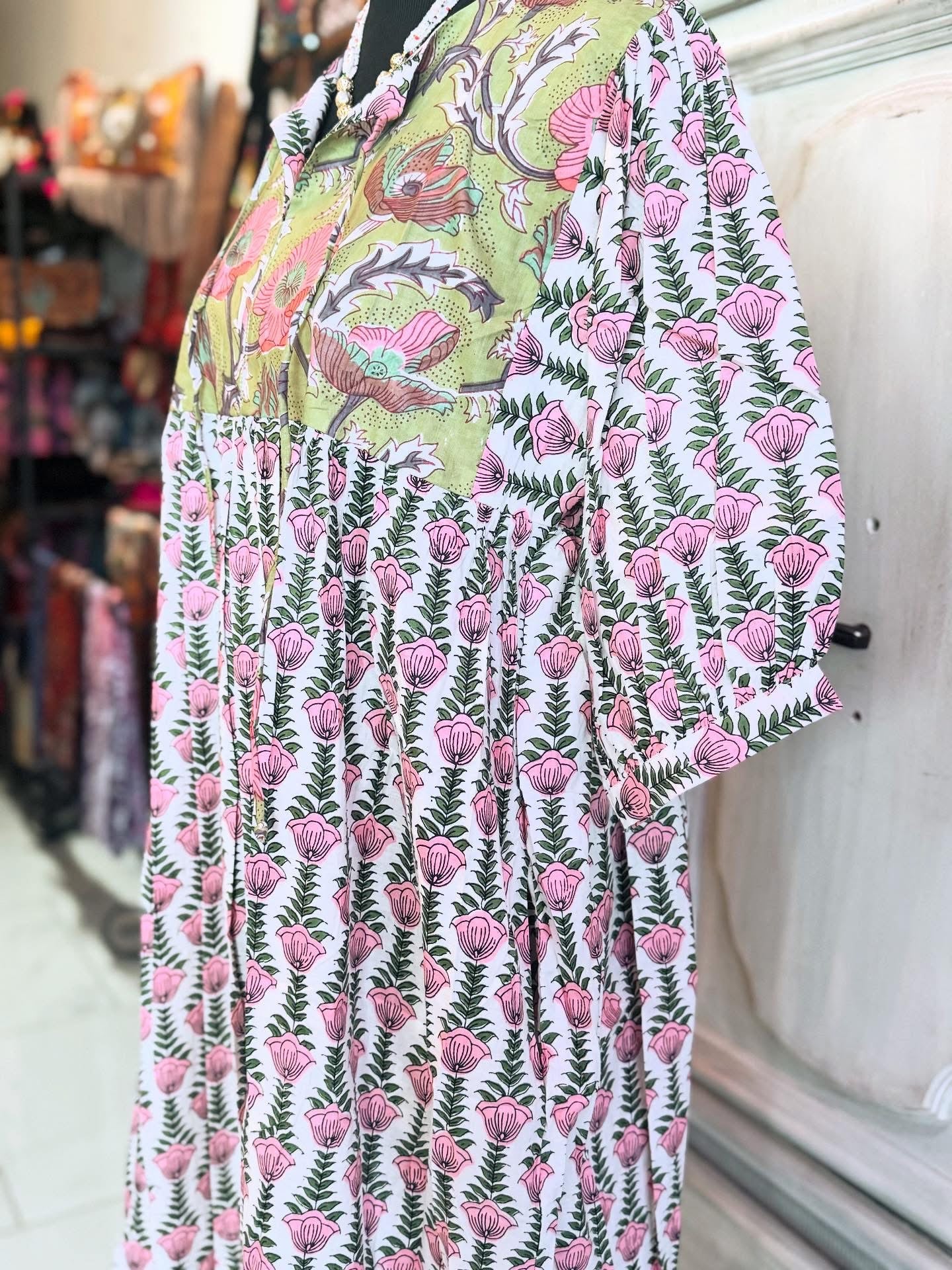 Olive Petal - Mixed Print Cotton Dress - Pink and Olive Tones