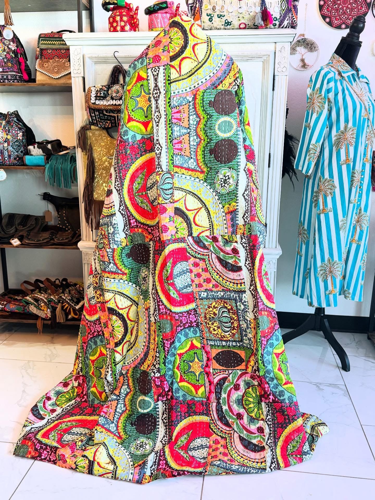 Mini Boho Mosaic – Handblock Printed Kantha Quilt | Cotton | Handmade