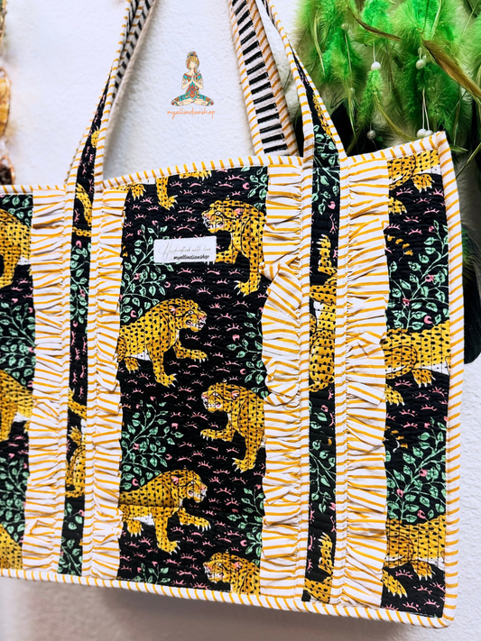 Black Leopard Print Reversible Quilted Tote Bag | Golden Grove Hand Block Print Ruffle Tote