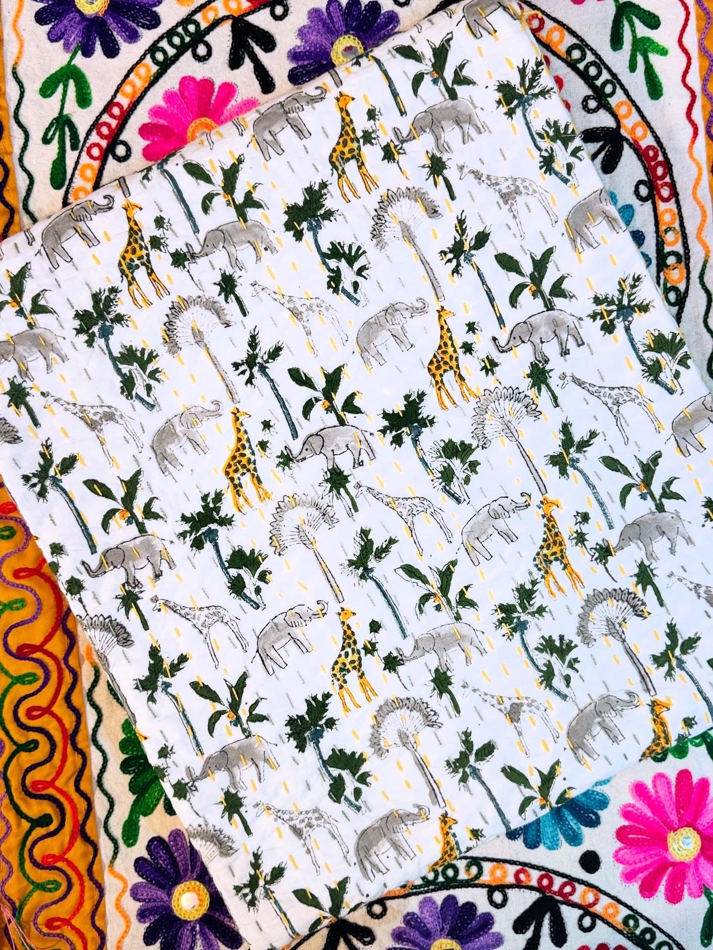 Kantha Cotton Quilt – Safari Adventure Print | Handmade Toddler Blanket