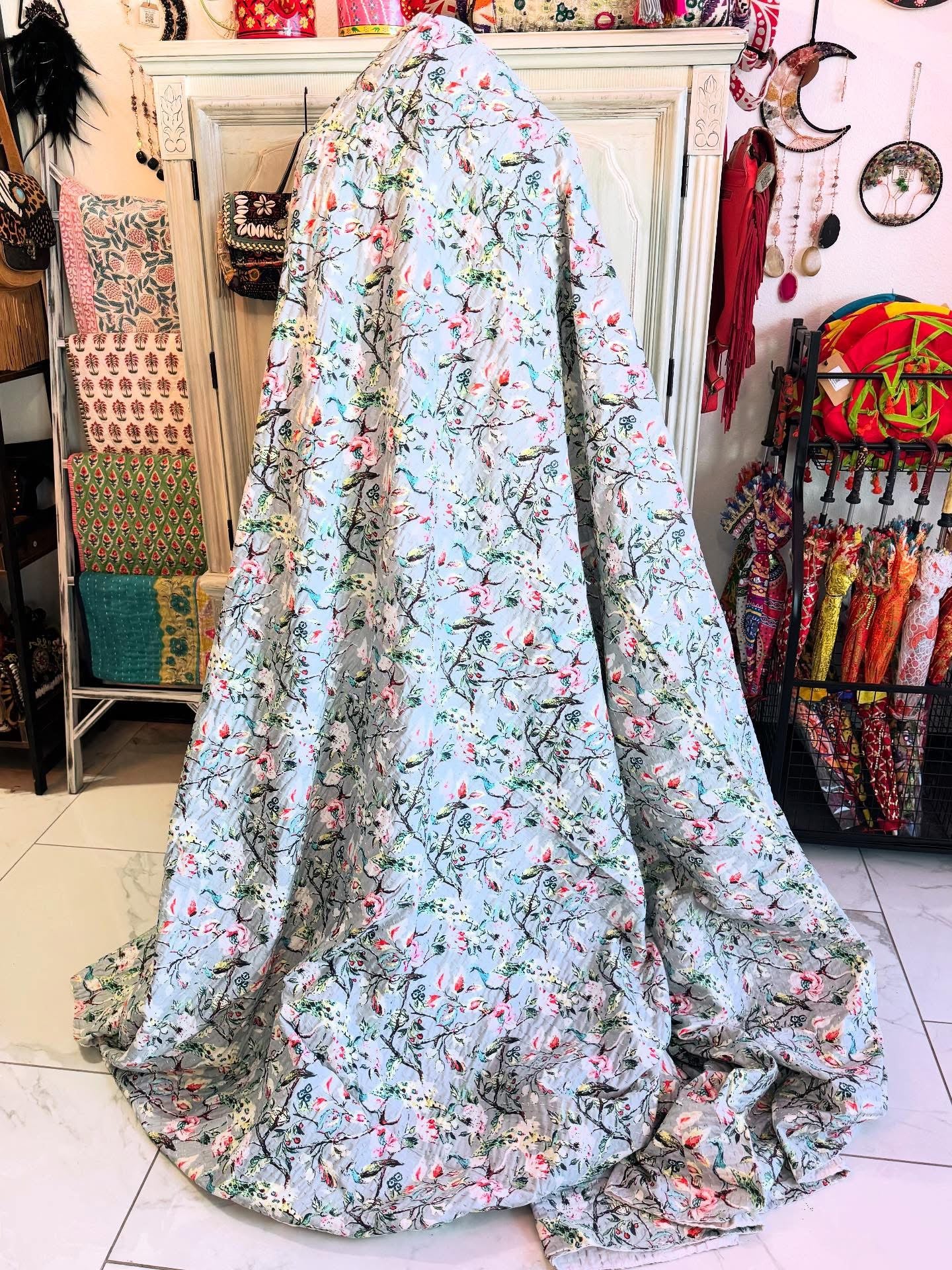 Peacock Garden – Handblock Printed Kantha Quilt – 100% Cotton | Handmade