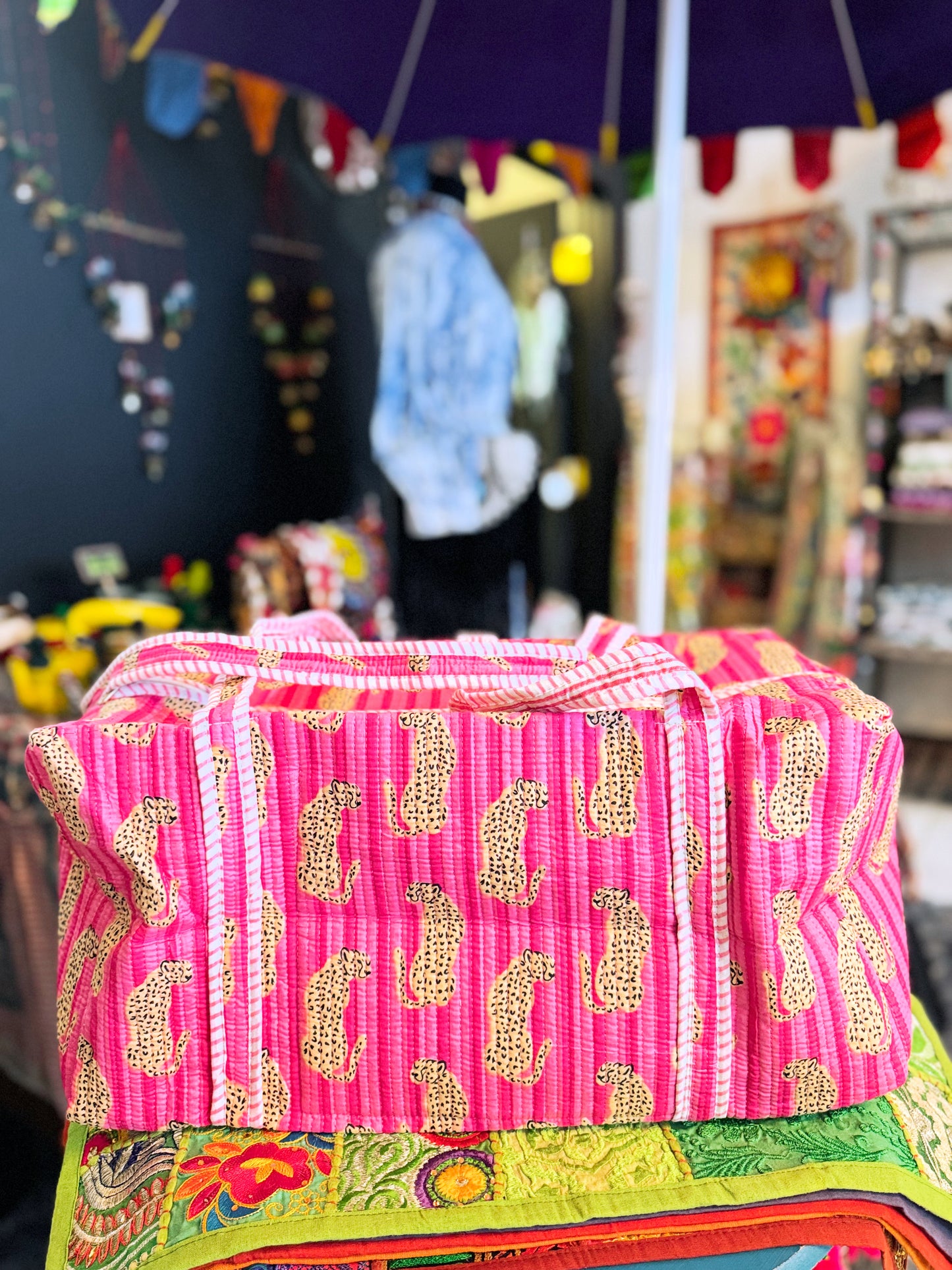 Hot Pink Leopard Print Quilted Duffel Bag – Handmade Animal Print Weekender Cotton Travel Bag