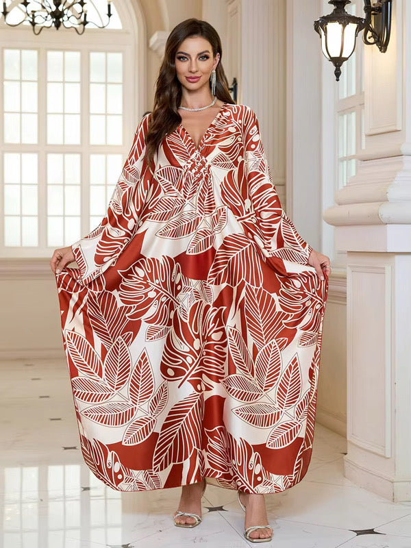 Terra Leaf Breeze Kaftan – Earthy Print, Free Size