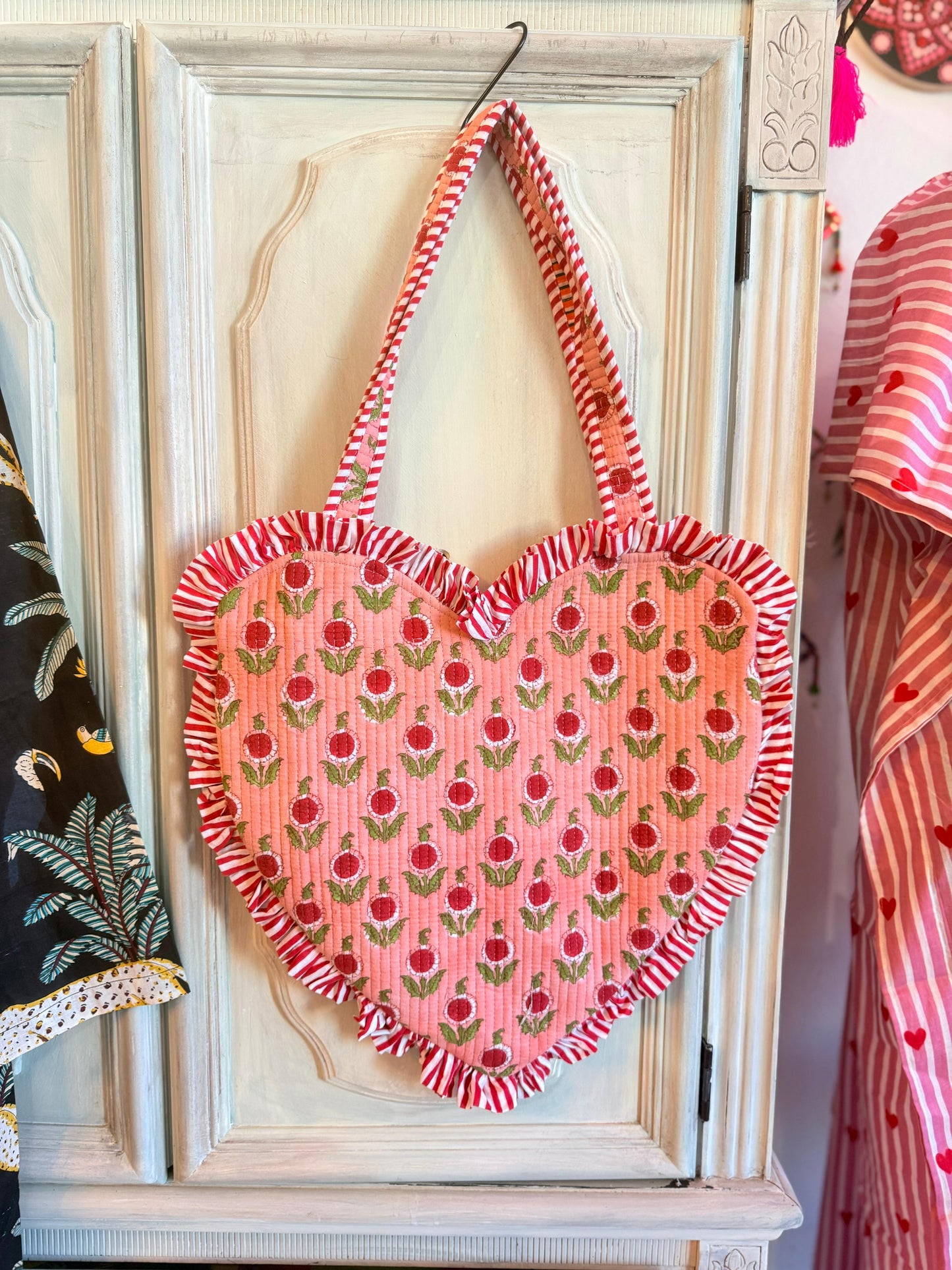 Tulip Blush Heart Tote – Handmade Quilted Cotton Bag with Zipper & Frill Detail | Valentine’s Gift