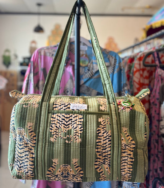 Handmade Quilted Weekender Bag – Tiger Print Travel Duffel - Green