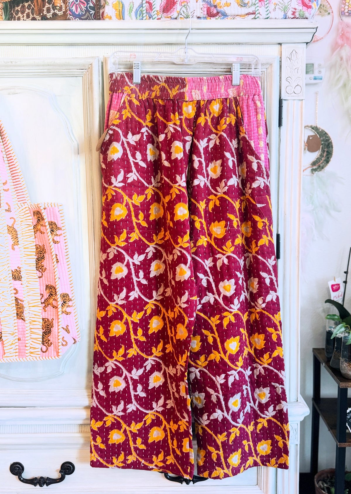 Merlot Marigold – Handmade Kantha Cotton Pants | Wide Leg Boho Trousers | Pockets