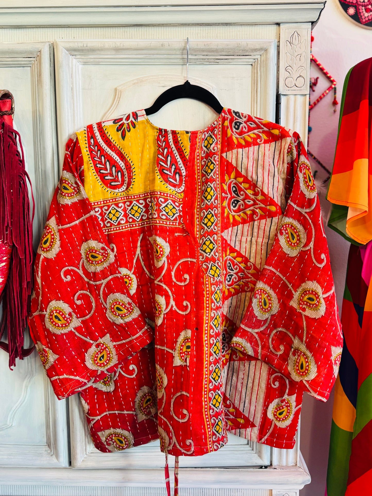 Crimson Mosaic Butterfly 2-Way Top – Handmade | 100% Cotton Boho Blouse