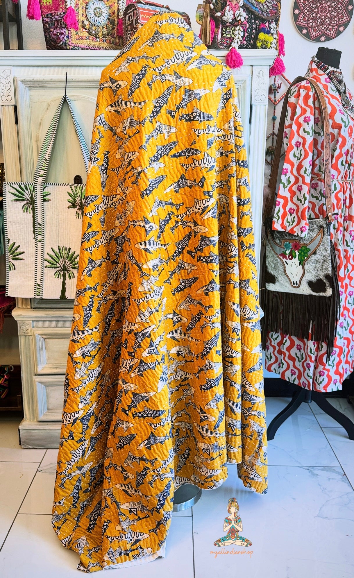 Mustard Yellow Shark Print Kantha Quilt | Cotton Lightweight Blanket | Throw/Twin Size