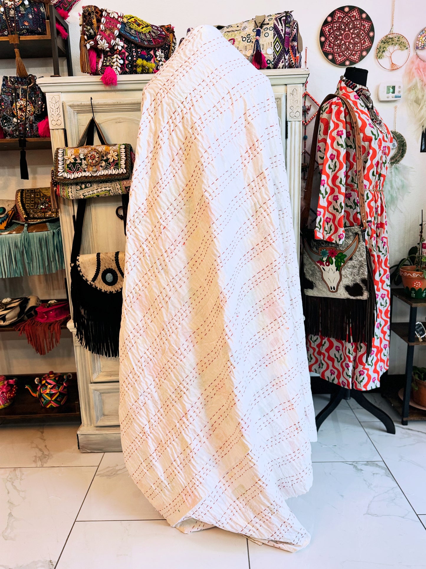 Tropical Print Kantha Quilt | Cotton Lightweight Blanket | Throw/Twin Size