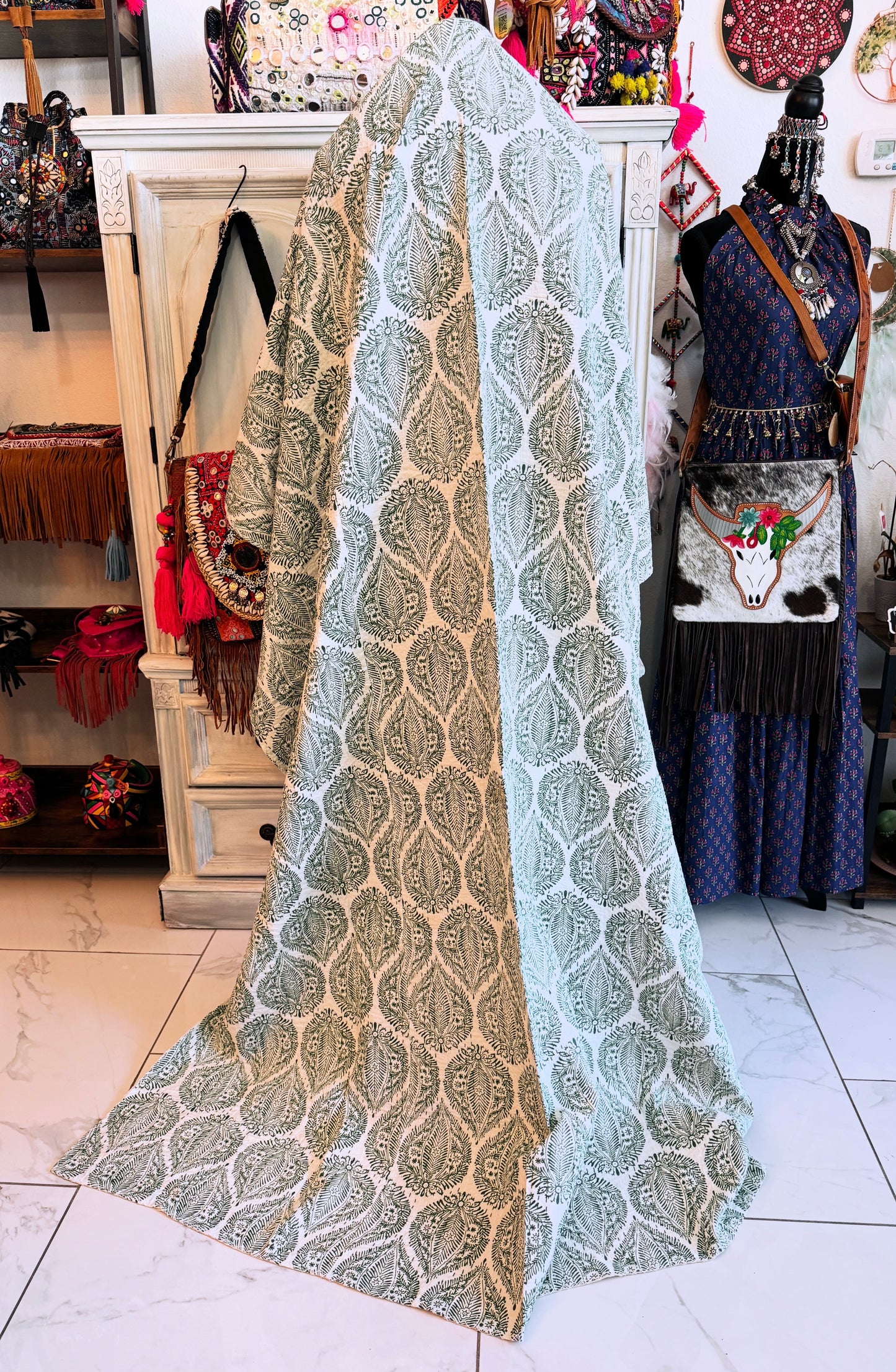 Green Leaf Kantha Quilt | Cotton Lightweight Blanket | Throw/ Twin Size