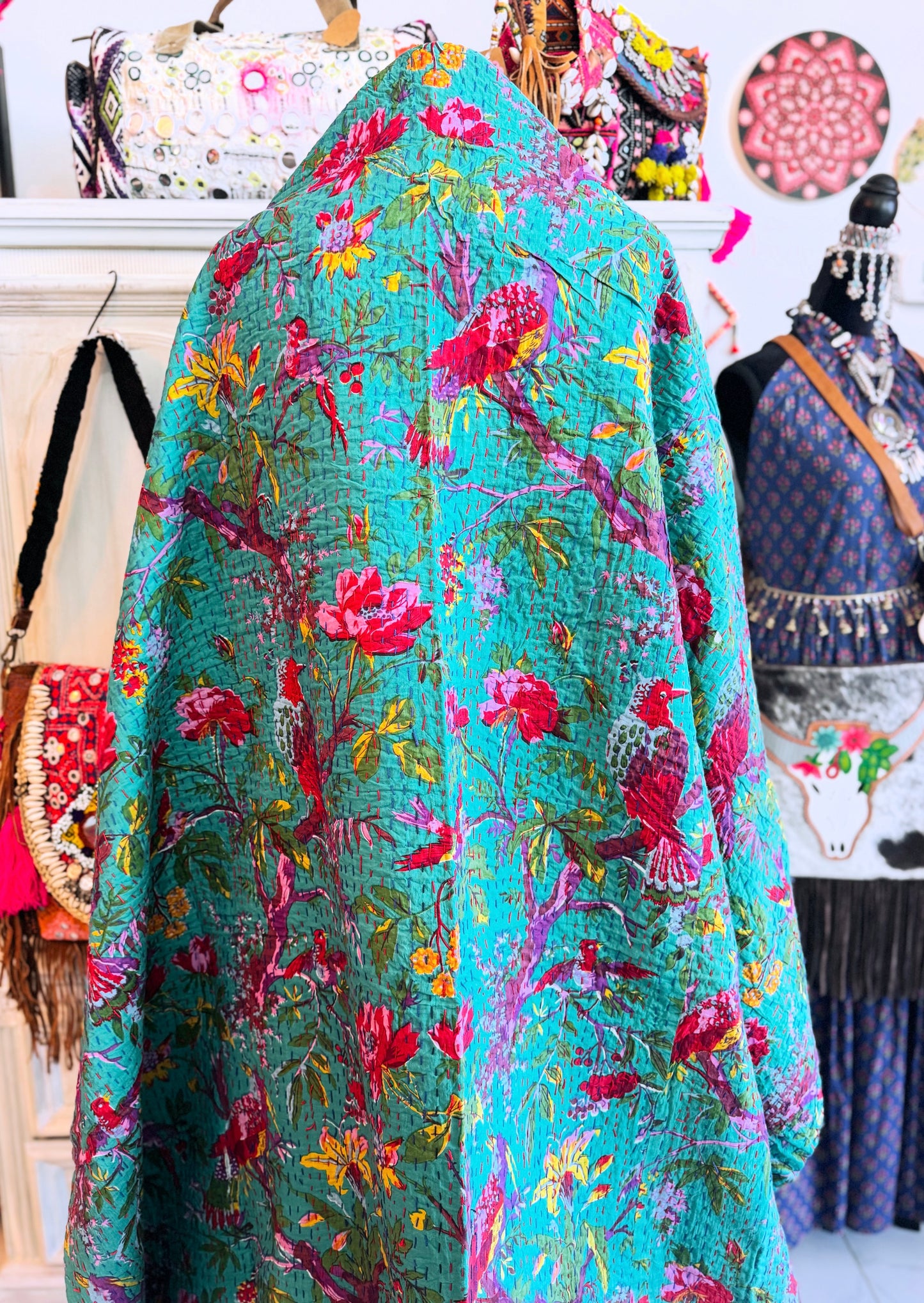 Bird Floral Kantha Quilt | Cotton Lightweight Blanket | Throw/ Twin Size