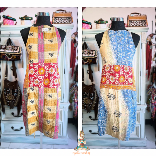 Ocean Bloom Kantha apron showing both floral patchwork and soft ocean swirl sides