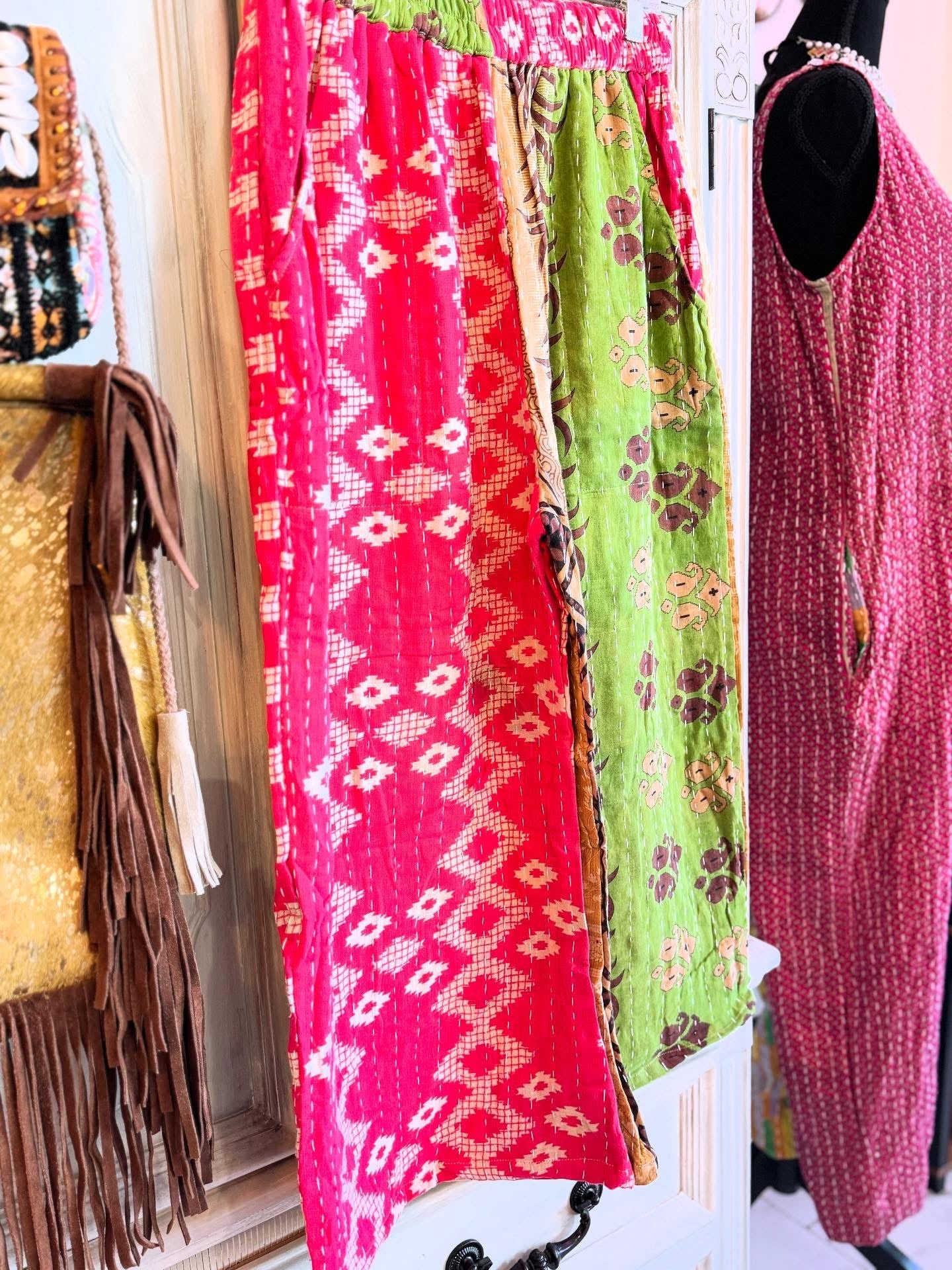 Pink & Olive Bloom – Handmade Kantha Cotton Pants | Wide Leg Boho Trousers