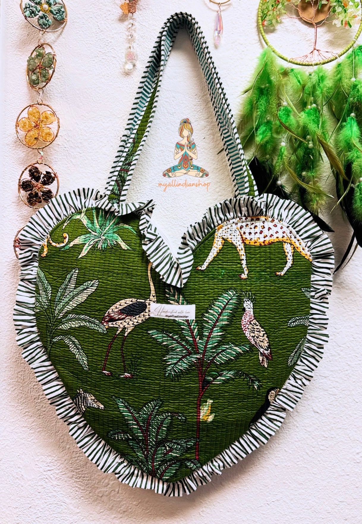 Heart Quilted Tote- Jungle Print - Green - Zipper - Pocket