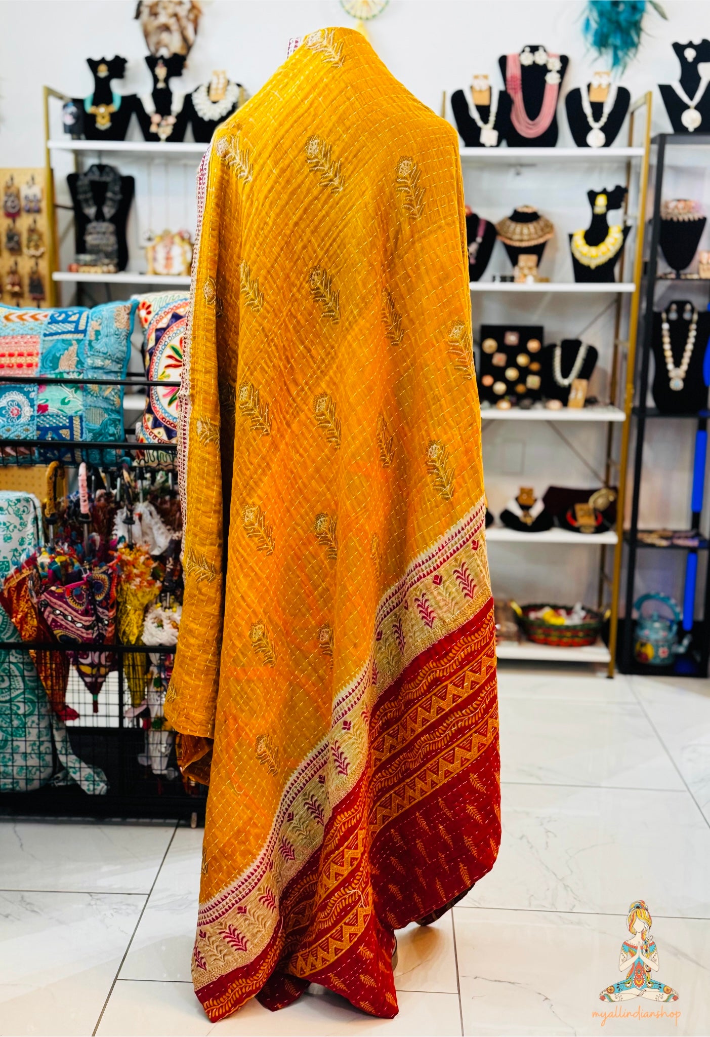 Tulips Saree Kantha Quilt – Twin Size - Throw Blanket