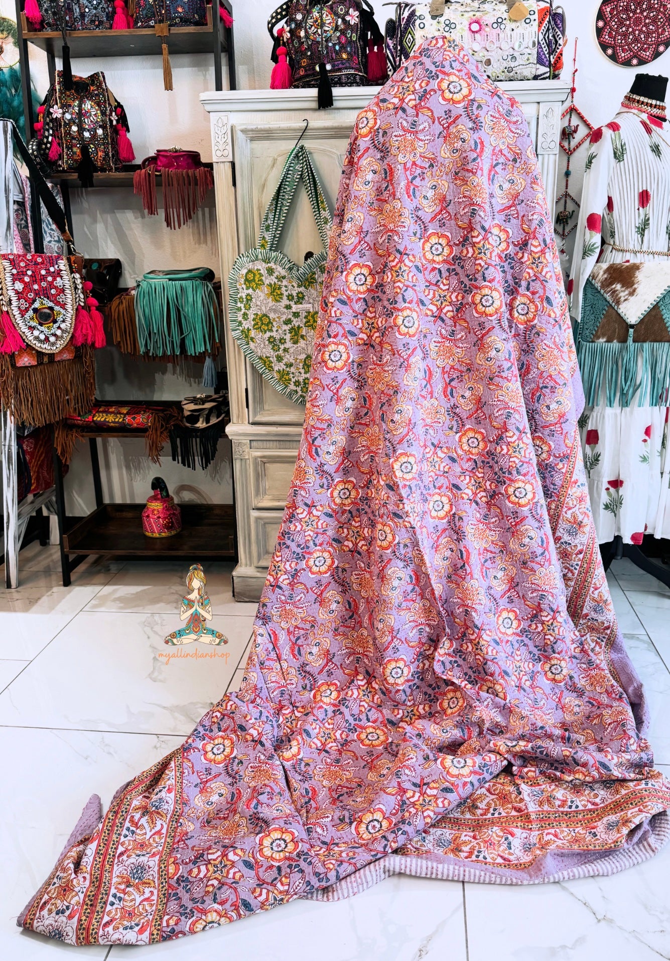 Lavender Wildflower | Hand Block Printed Kantha Quilt | 100% Cotton | Handmade | 90x110” Queen/King