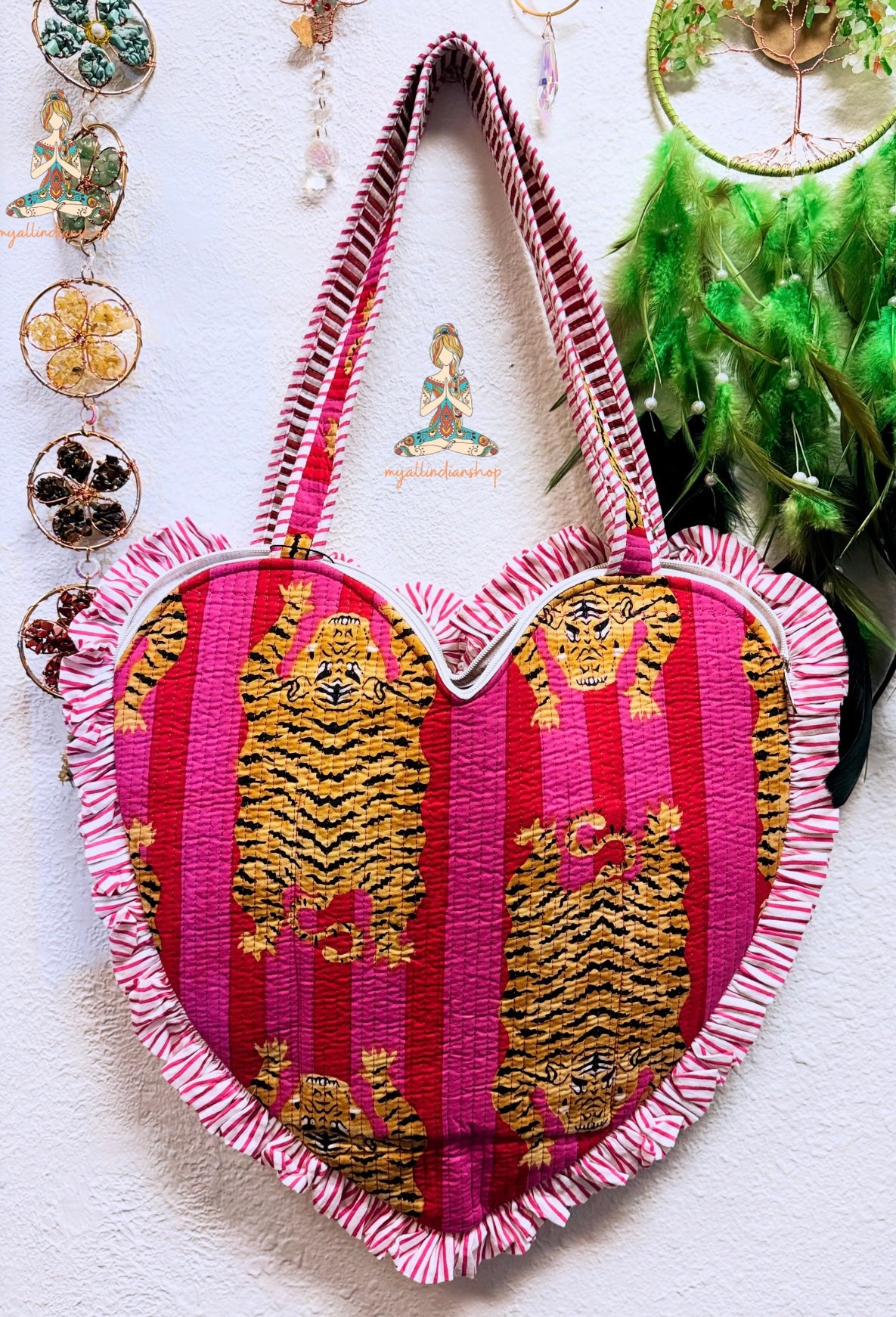Heart Quilted Tote- Tiger- Pink - Zipper - Pocket
