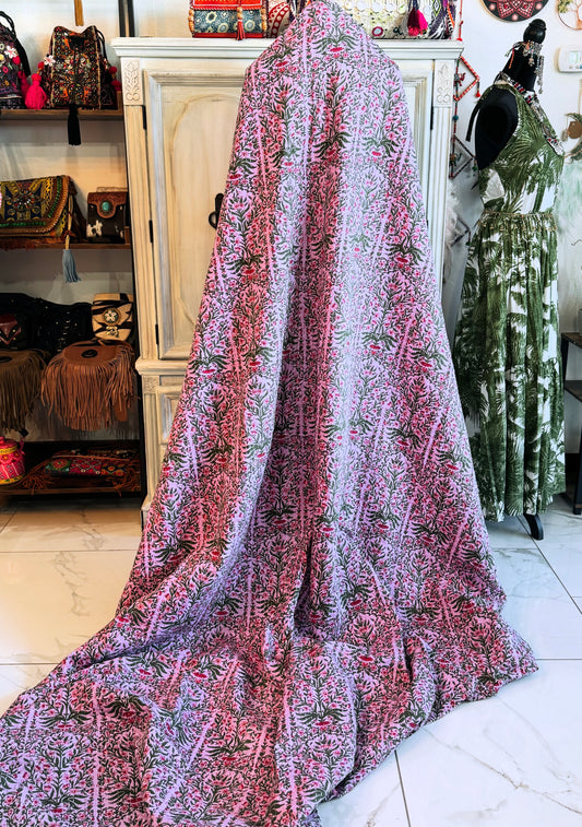 Blush Garden Kantha Quilt – Handmade 100% Cotton Floral Bedspread | Handblock Print Blanket (90x110)