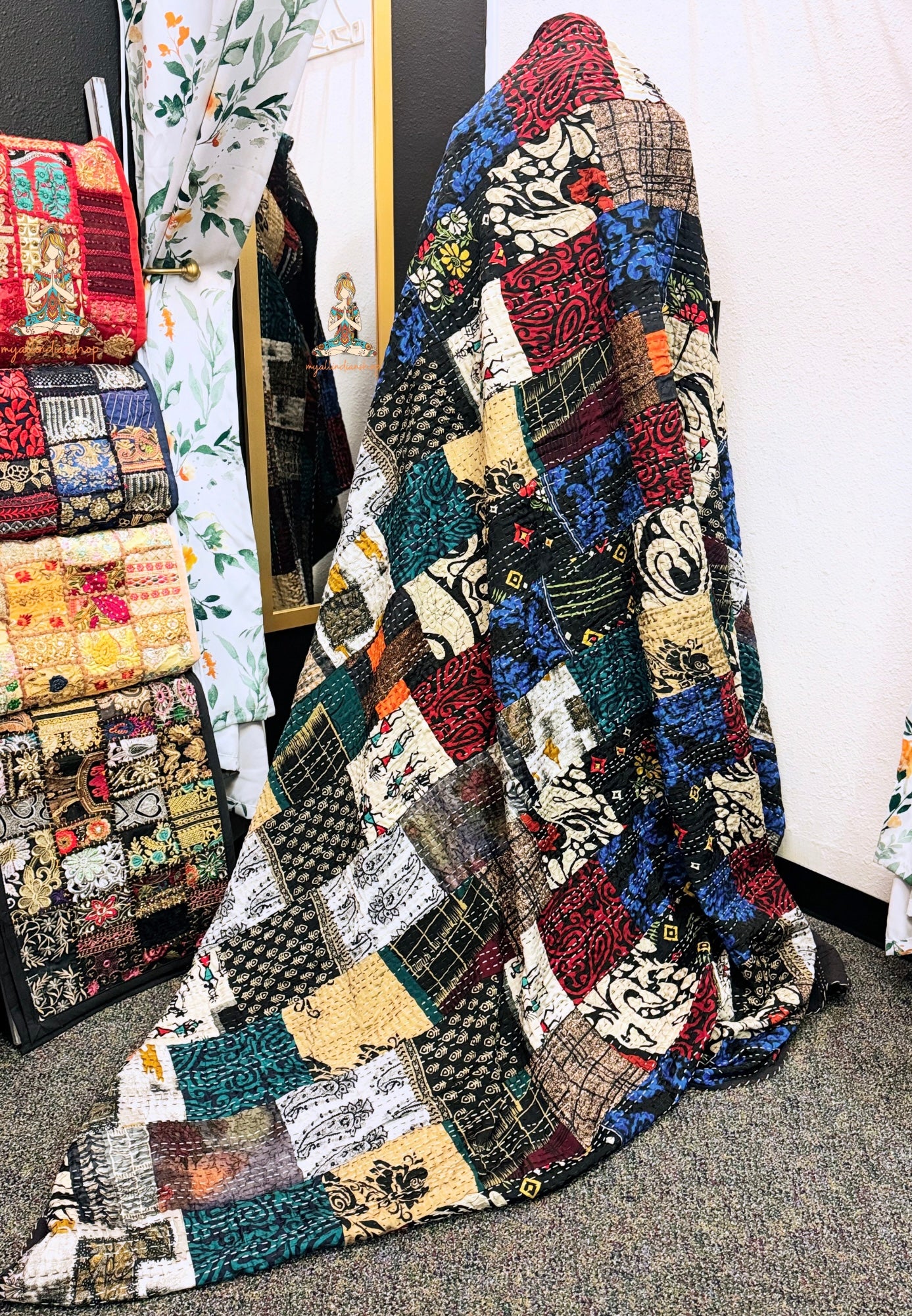 Silk Patchwork Kantha Quilt - Black Tribal - Handmade | Silk | Cotton | Queen | King