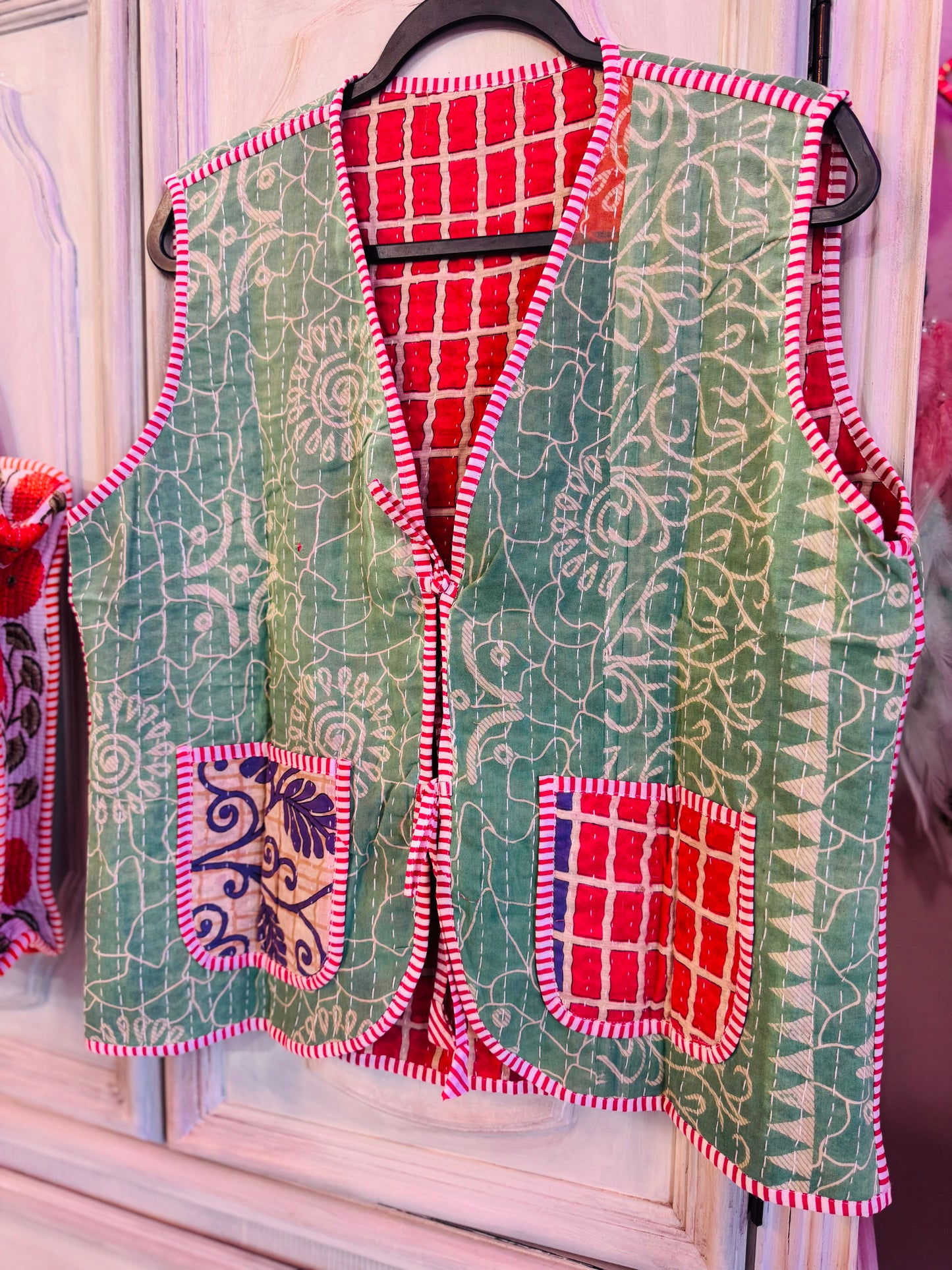 Handmade Reversible Kantha Vest – Berry | 100% Cotton Jacket