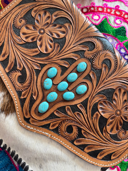 Cactus Bloom Tooled Leather Bag – Western Cowhide Crossbody with Turquoise Stones
