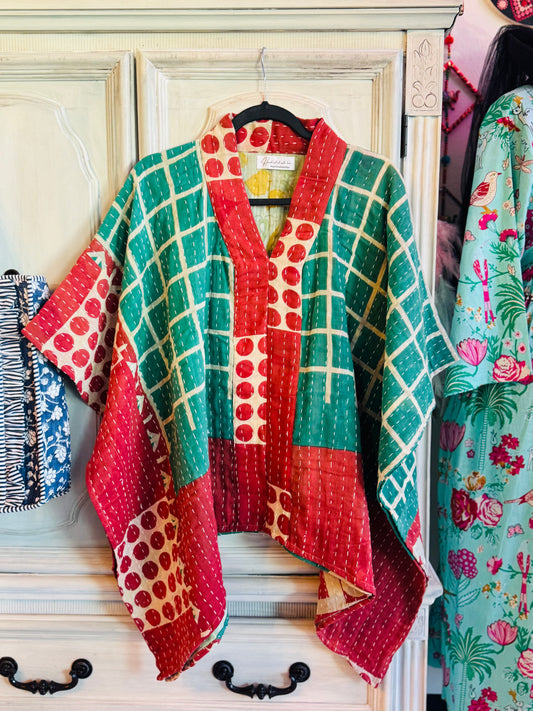 Handmade Kantha Poncho – Forest Grid Harmony | Unisex | 100% Cotton Boho Top