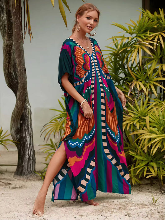 Tropical Butterfly Glow Kaftan – Free Size, Colorful