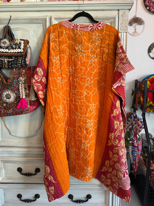 Handmade Kantha Dress – Orange | 100% Cotton | 2 Pockets