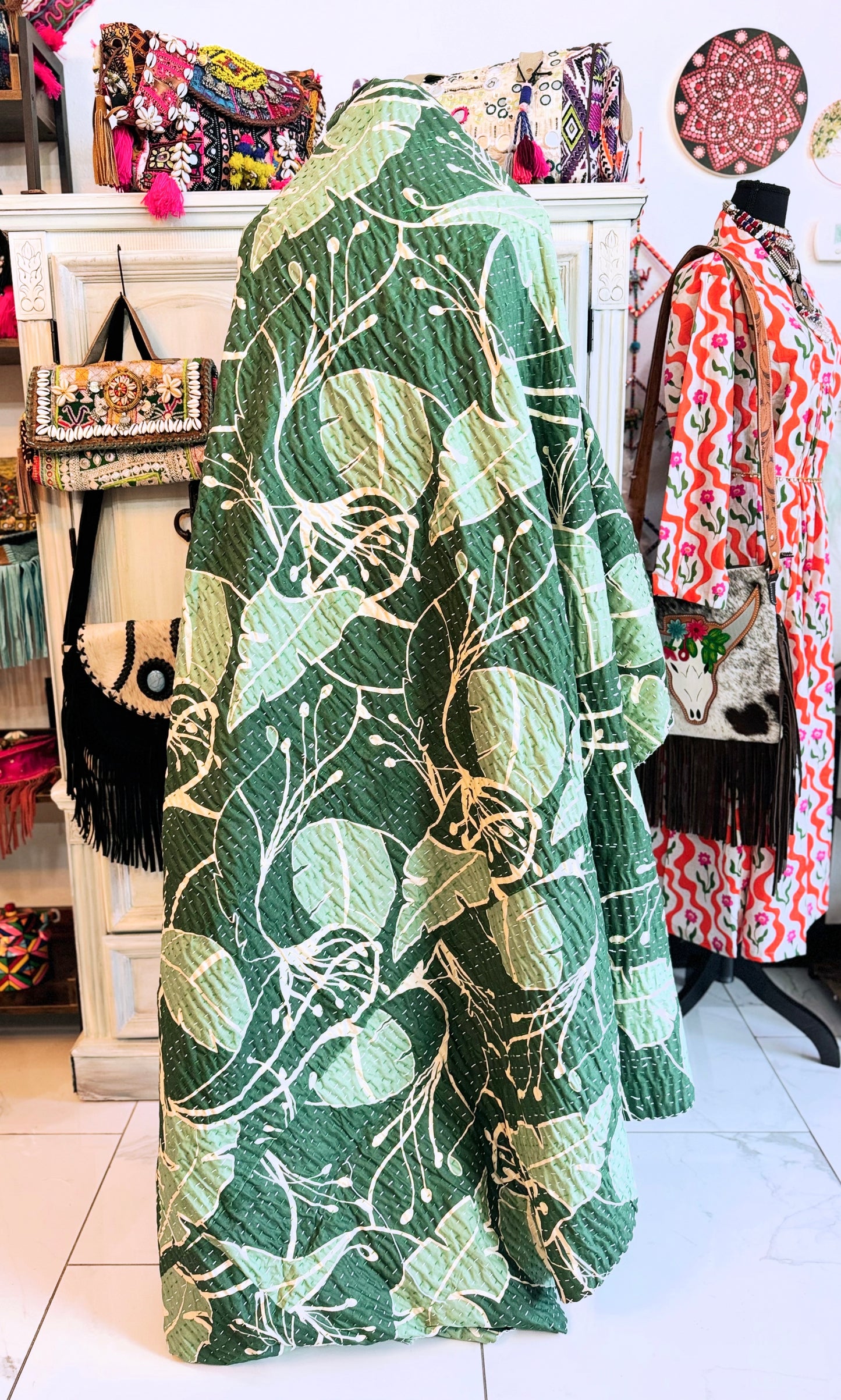 Sage Green Leaf Print Kantha Quilt | Cotton Lightweight Blanket | Throw/Twin Size