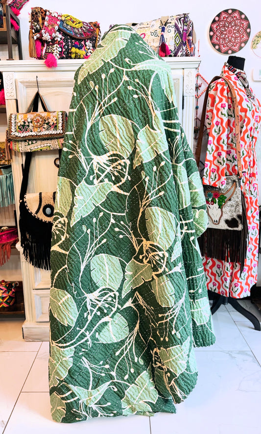 Sage Green Leaf Print Kantha Quilt | Cotton Lightweight Blanket | Throw/Twin Size