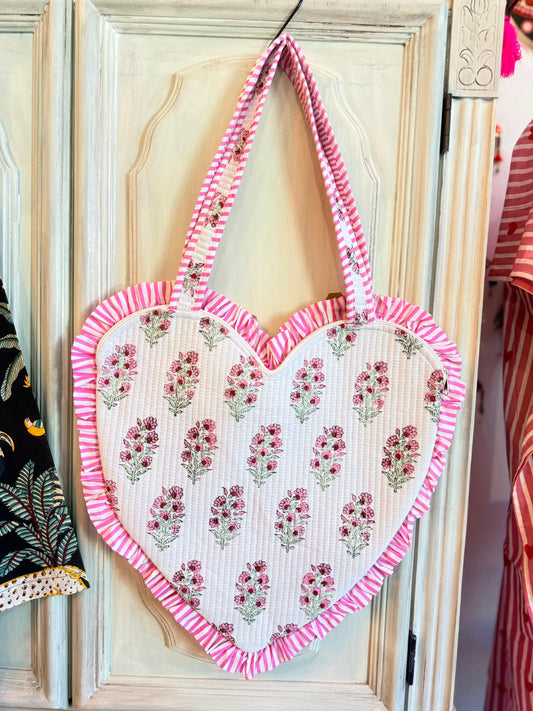 Rose Garden Heart Tote – Handmade Quilted Cotton Bag with Zipper & Frill Detail | Valentine’s Gift