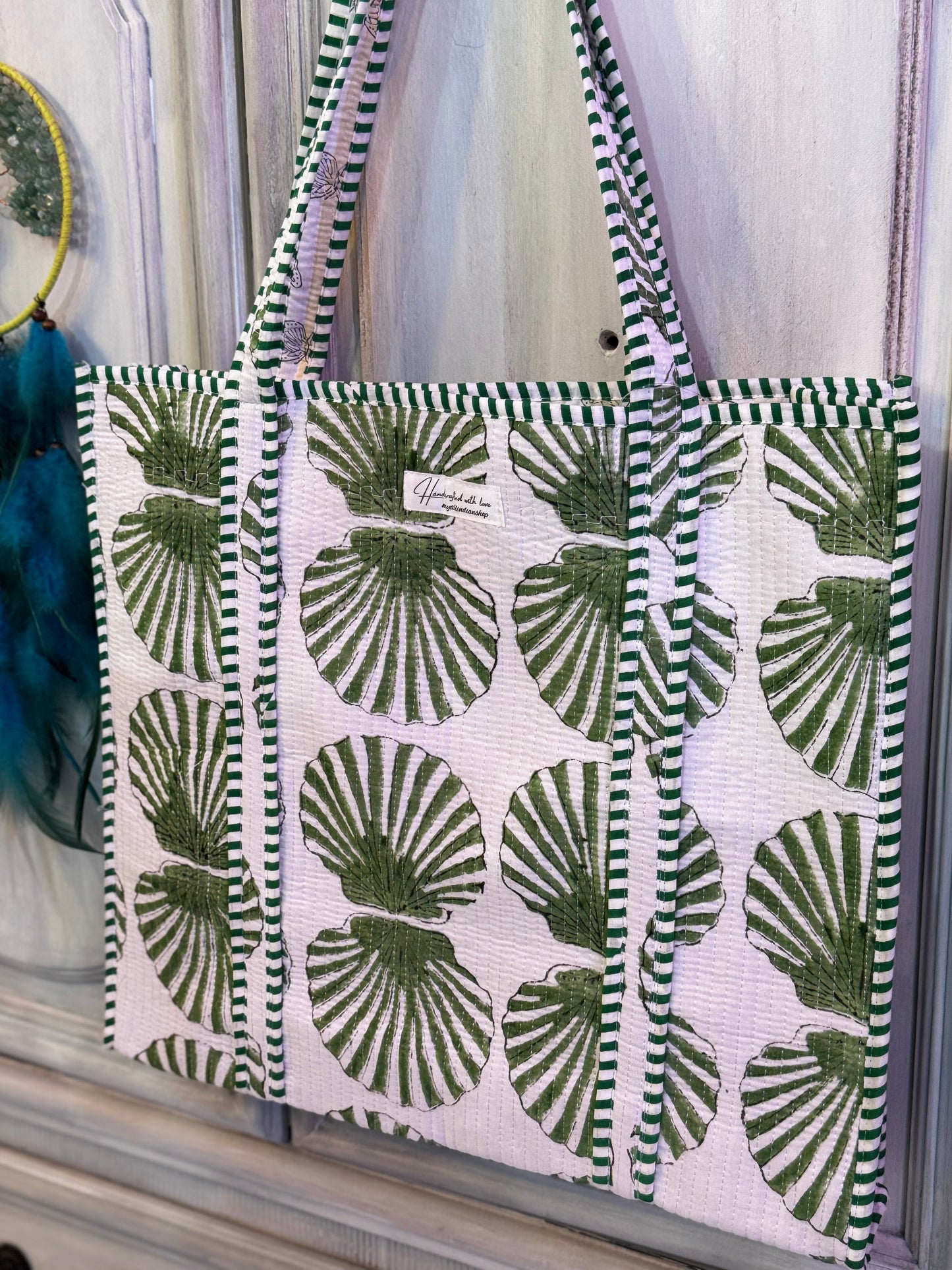 Green Shell Breeze Tote – Handmade Quilted Cotton Bag | Boho Everyday Tote