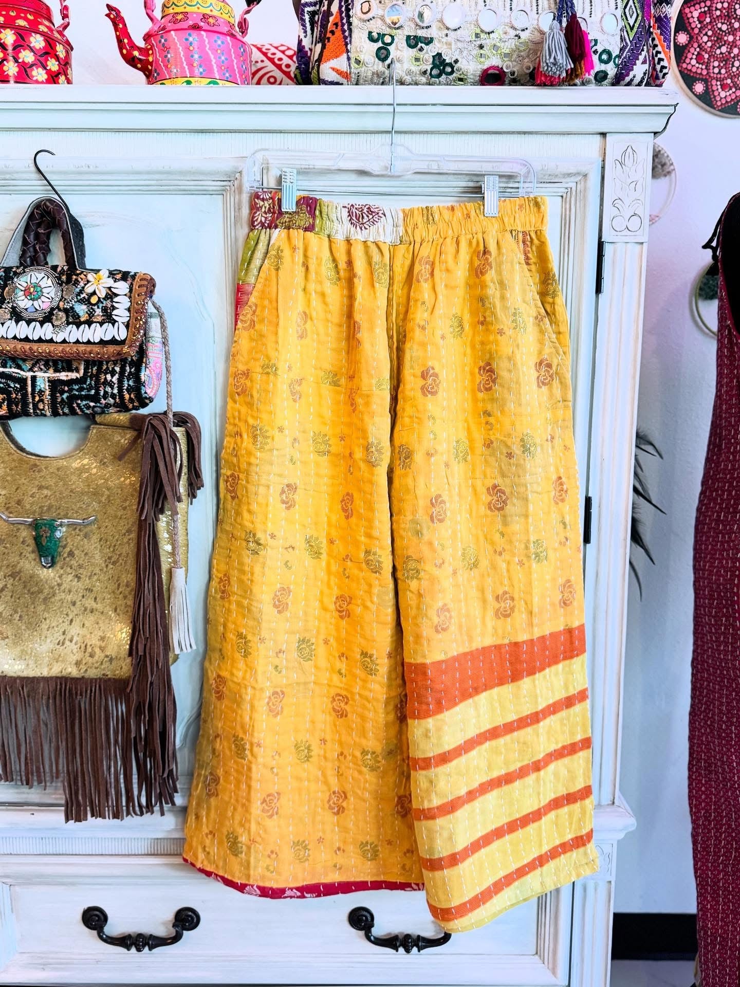 Marigold Stripes – Handmade Kantha Cotton Pants | Wide Leg Boho Trousers