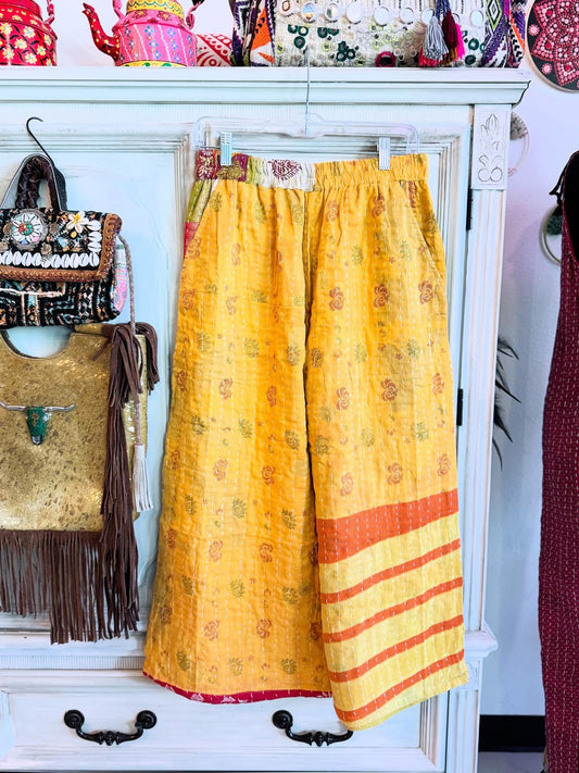 Marigold Stripes – Handmade Kantha Cotton Pants | Wide Leg Boho Trousers