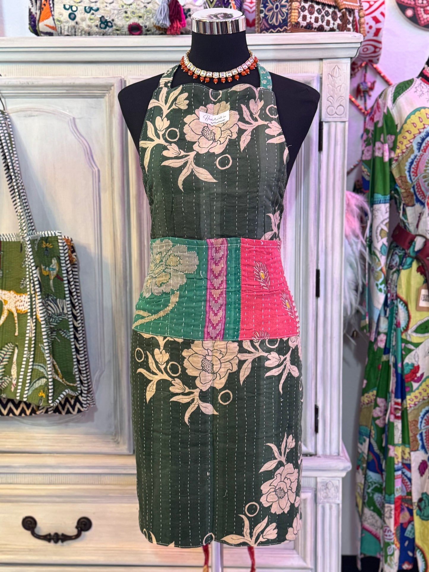 Evergreen Blooms Cotton Kantha Apron | Handmade | Reversible | 6 Pockets