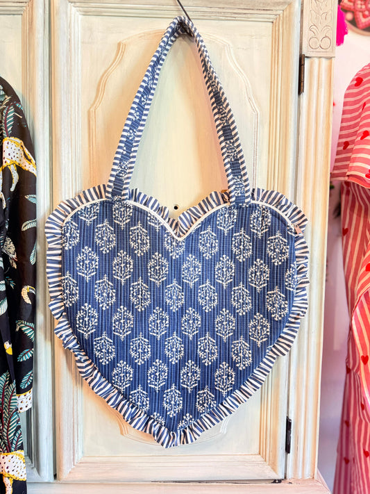 Indigo Love Heart Tote – Handmade Quilted Cotton Bag with Zipper & Frill Detail | Valentine’s Gift